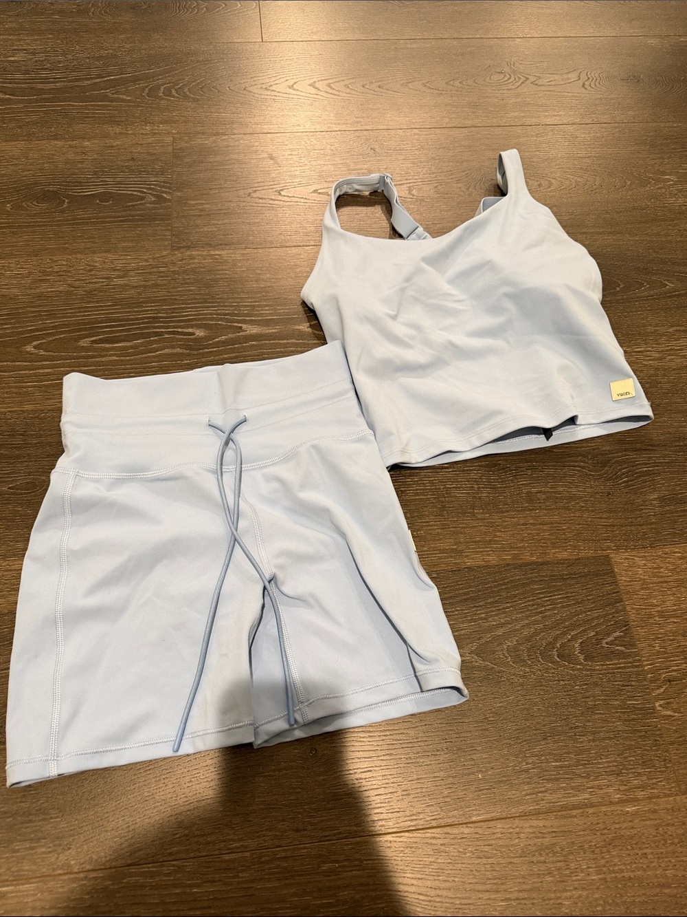 Vuori Pale Blue Active Crop Top and Bike Short Set